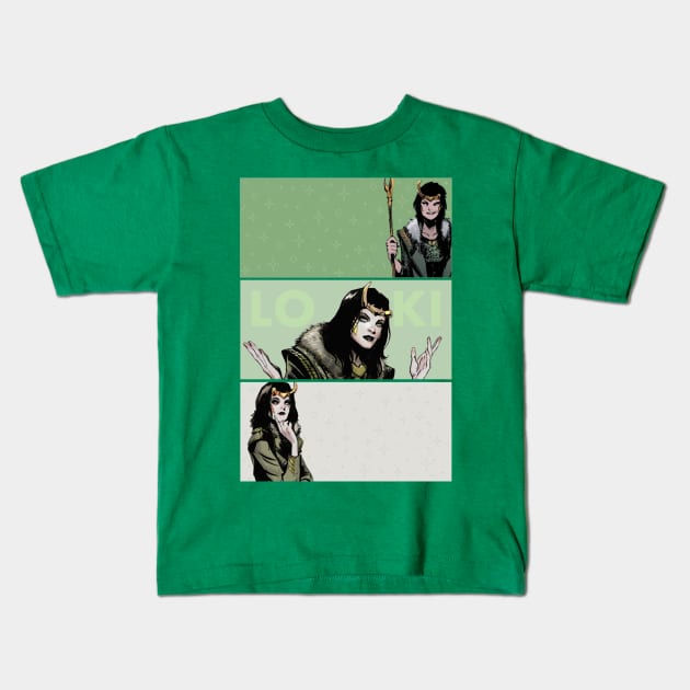 Loki Comic Panels Kids T-Shirt by DamageTwig